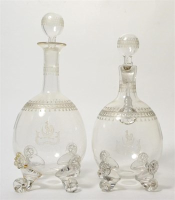 Lot 257 - Two spirit decanters and stoppers, possibly Thomas Webb, circa 1880, of globular form engraved with