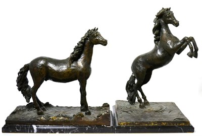 Lot 267 - A pair of 20th century bronze figures of horses, on slate bases, 37cm and 31cm high...