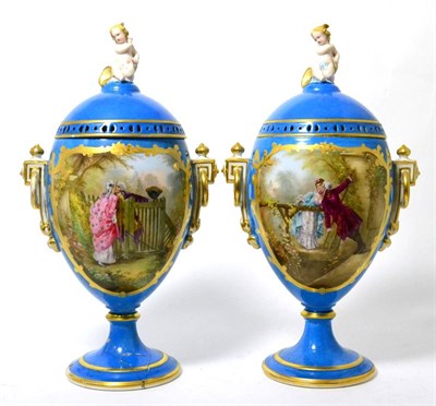 Lot 280 - A pair of Sevres style porcelain ovoid vases and covers, circa 1900, decorated with figures in...