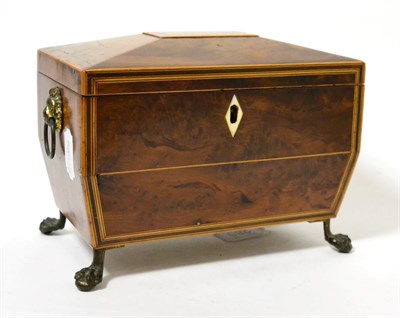 Lot 285 - A Regency yew and satinwood strung tea caddy, of sarcophagus form, with two compartments, lion mask