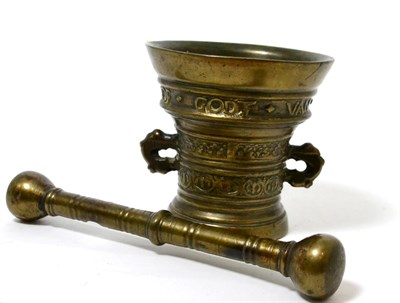 Lot 287 - A Dutch bell metal two-handled mortar, dated 1671 and inscribed, 12cm high; and a similar...