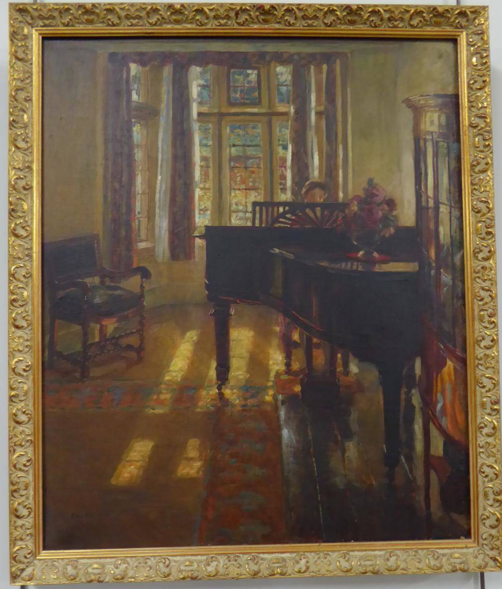 Lot 1029 - Fred Stead ARCA (1863-1940) Young lady seated at a piano, signed, oil on canvas, 59cm by 49cm