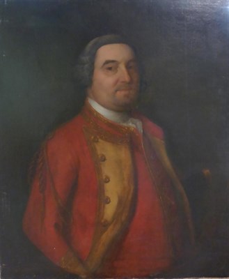 Lot 1134 - Follower of Nathaniel Hone (1718-1784) Portrait of a naval gentleman, half length wearing a red...