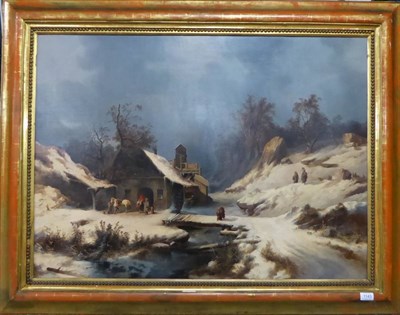 Lot 1143 - Follower of Thomas Smythe (1825-1906) Figures and a blacksmith in a snow covered landscape, oil...
