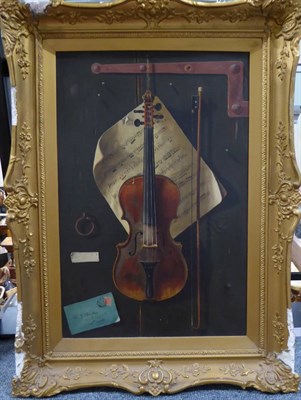 Lot 1148 - After William Harnett (1842-1898) Irish- American, ";The Old Violin"; Trompe l'oeil, oil on canvas