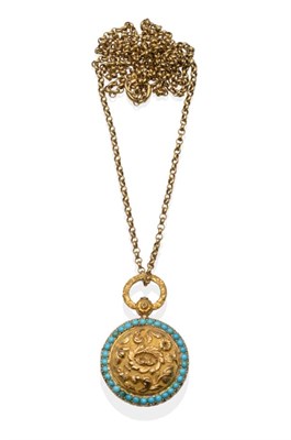 Lot 19 - A turquoise locket, possibly French, the domed circular centre with an embossed floral motif...