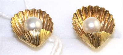 Lot 36 - A pair of cultured pearl shell earrings, a single cultured pearl within a yellow shell stud,...
