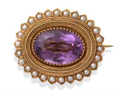 Lot 77 - An amethyst and split pearl brooch, an oval cut amethyst in a yellow claw setting within a filigree