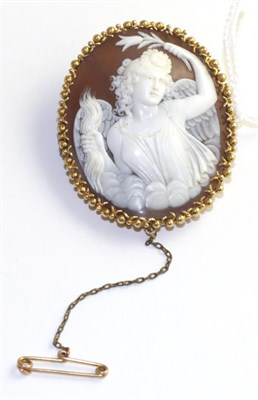 Lot 79 - A carved shell cameo, carved with the figure of Astrape, in a beaded frame, measures 5cm by 4cm