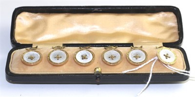Lot 85 - ~ Cased set of six mother-of-pearl dress studs, mother-of-pearl discs with a central stitch...