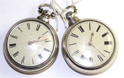 Lot 105 - Two silver pair cased pocket watches, the first, 1845, gilt fusee movement, enamel dial with...