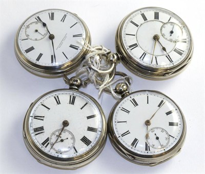 Lot 119 - Four open faced silver pocket watches, the first, signed Wm Alexandra, Hexham, 1872, gilt fusee...