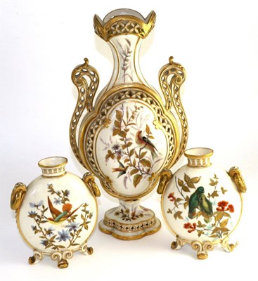 Lot 125 - Pair of Crown Derby porcelain moon flasks, circa 1880, painted and gilt with birds perched and...