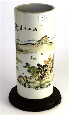 Lot 134 - A Chinese porcelain sleeve vase, undated, decorated in famille rose enamels with a river...