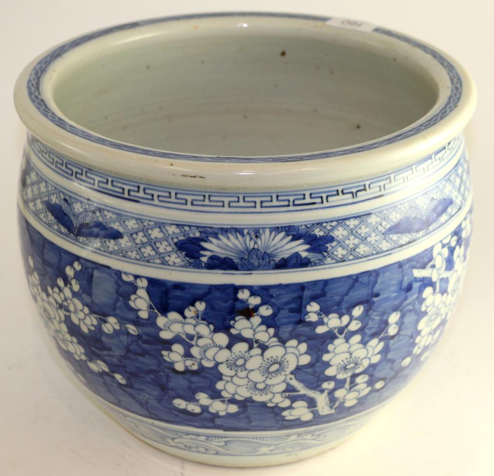 Lot 160 - A Chinese porcelain jardiniere, late 19th century, painted on a glazed blue ground painted with...