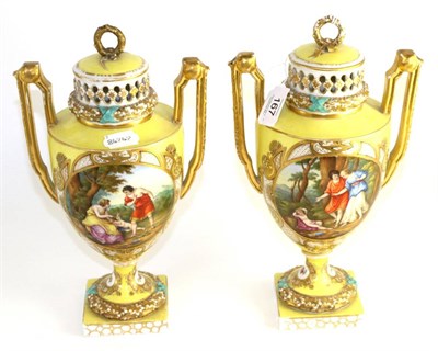 Lot 167 - A pair of Helena Wolfsohn, Dresden porcelain twin handled urn shapes vases and covers, circa...