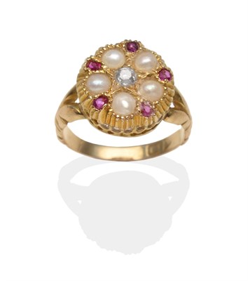 Lot 188 - An 18 carat gold diamond, ruby and split pearl ring, a yellow circular bezel inset with a...