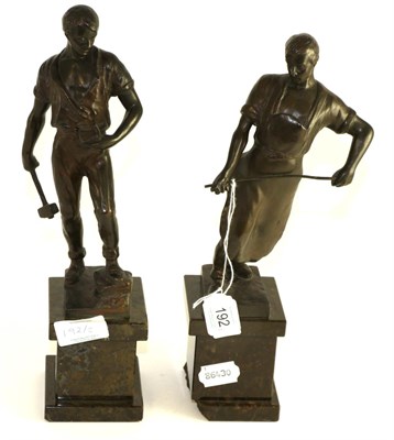 Lot 192 - A pair of bronze figures on marble bases signed ";Bech";, modelled as blacksmiths, 32cm high