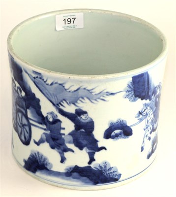 Lot 197 - A Chinese porcelain brush pot, in Kangxi style, painted with warriors in landscape, 16cm high