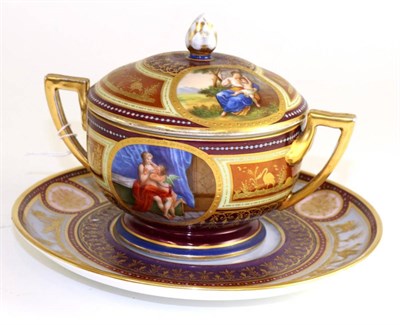 Lot 209 - A Vienna style porcelain twin-handled ecuelle, cover and stand, circa 1900, decorated with...