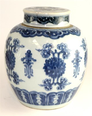 Lot 215 - A Chinese porcelain jar and cover, 19th century, of baluster form, painted underglaze blue with...