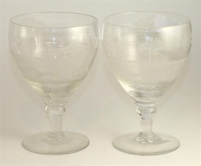 Lot 222 - A pair of goblets, 19th century, the ovoid bowls engraved with fox hunting scenes, signed J W Wood