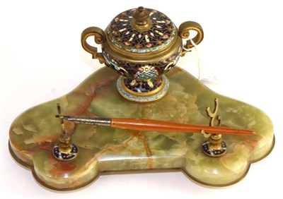 Lot 225 - A champleve enamel and onyx ink stand and a boars head inkwell