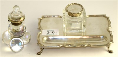 Lot 246 - Silver inkstand dish on hoof feet and a glass inkwell