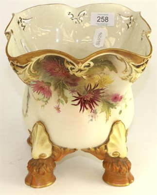 Lot 258 - A Royal Worcester porcelain jardiniere, 1908, of square form on four hoof feet, painted with...
