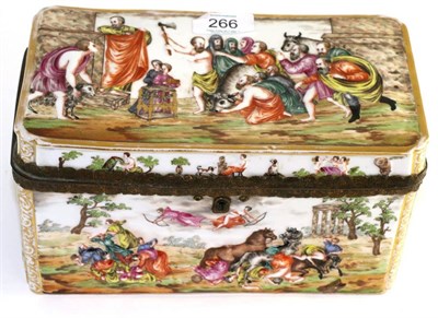 Lot 266 - A metal mounted Capodimonte style porcelain casket, late 19th century, moulded and painted with...