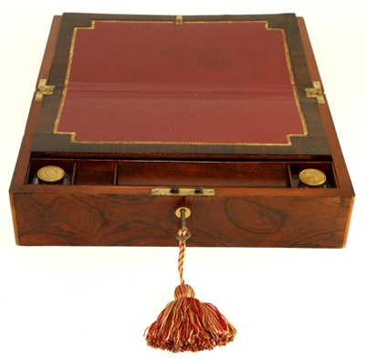 Lot 281 - A 19th century Rosewood writing slope, with leather interior and two ink bottles, 36cm