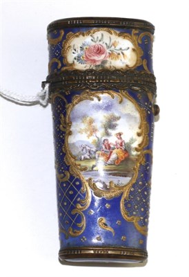 Lot 287 - A Staffordshire enamel etui, circa 1780, painted with landscapes and flowers on a blue ground, 10cm