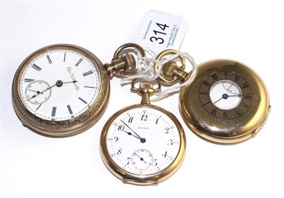 Lot 314 - Two gold plated pocket watches and a gold filled pocket watch, the first, half hunter pocket watch