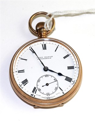 Lot 323 - A 9ct gold open faced pocket watch, signed John Mason, Rotherham, 1925, lever movement, enamel dial