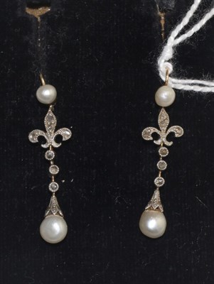 Lot 331 - A pair of pearl and diamond drop earrings, a pearl stud suspends a rose cut diamond set...