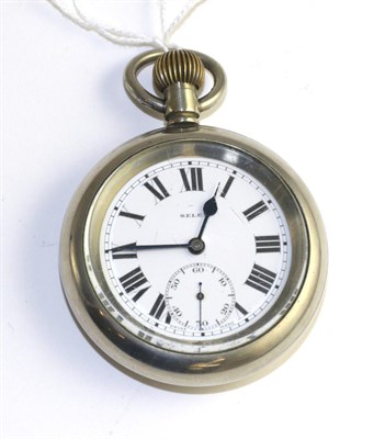 Lot 342 - A railway nickel plated pocket watch, signed Selex, circa 1910, lever movement stamped DF&C, enamel