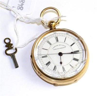 Lot 348 - An 18ct gold chronograph pocket watch, 1882, lever movement, enamel dial with Roman numerals, slide