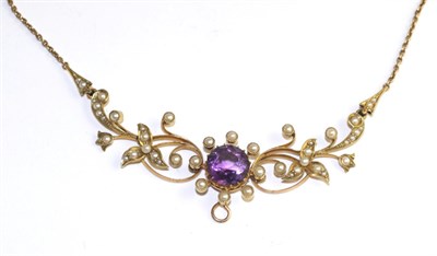 Lot 353 - An amethyst and seed pearl necklace, a round cut amethyst in a yellow claw setting within a...