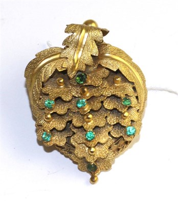 Lot 357 - A Victorian green paste set brooch, formed as a bunch of chased oak leaves set throughout with...