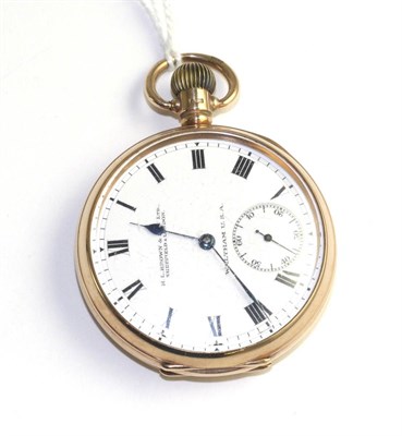 Lot 366 - A 9ct gold open faced pocket watch, signed Waltham, retailed by H.L.Brown & Son Ltd, Sheffield...