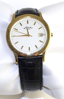 Lot 372 - A plated calendar centre seconds wristwatch, signed Rotary, circa 2004, quartz movement,...