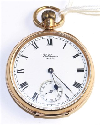 Lot 374 - A 9ct gold open faced pocket watch, signed Waltham, 1918, lever movement signed P J Bartlett...