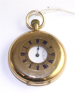 Lot 375 - A 15ct gold half hunter pocket watch, 1907, lever movement, enamel dial with Roman numerals, London