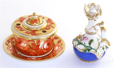 Lot 391 - A Derby rose painted ink stand and a G.D porcelain scent bottle and stopper