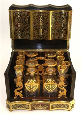 Lot 393 - A French Boulle travelling decanter box, circa 1860, of shaped rectangular form with foliate...