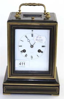 Lot 411 - An ebony veneered striking travelling clock, signed J.Silvani, Brighton, circa 1850, carrying...