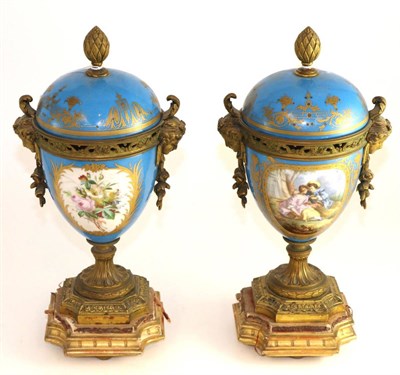 Lot 417 - A pair of gilt metal mounted Sevres style porcelain vases and covers, late 19th century, of...