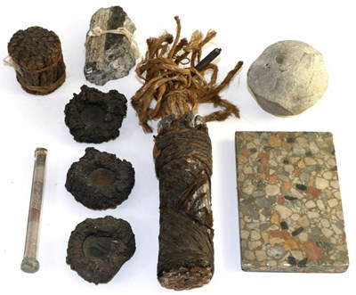 Lot 423 - Assorted curiosities, including two sections of 19th century transatlantic cable; three coins...