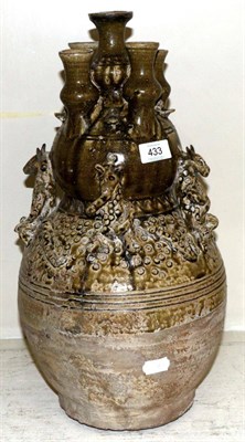 Lot 433 - A Chinese porcelain funerary jar, probably Eastern Han dynasty, of double gourd form with five...