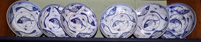 Lot 435 - A set of six Chinese provincial porcelain saucer dishes Qing dynasty painted on glazed blue...